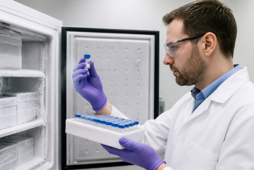 Professional biochemist carefully handling lyophilized peptide vials in a temperature-controlled freezer unit, wearing protective nitrile gloves and white lab coat, with frost visible on storage container