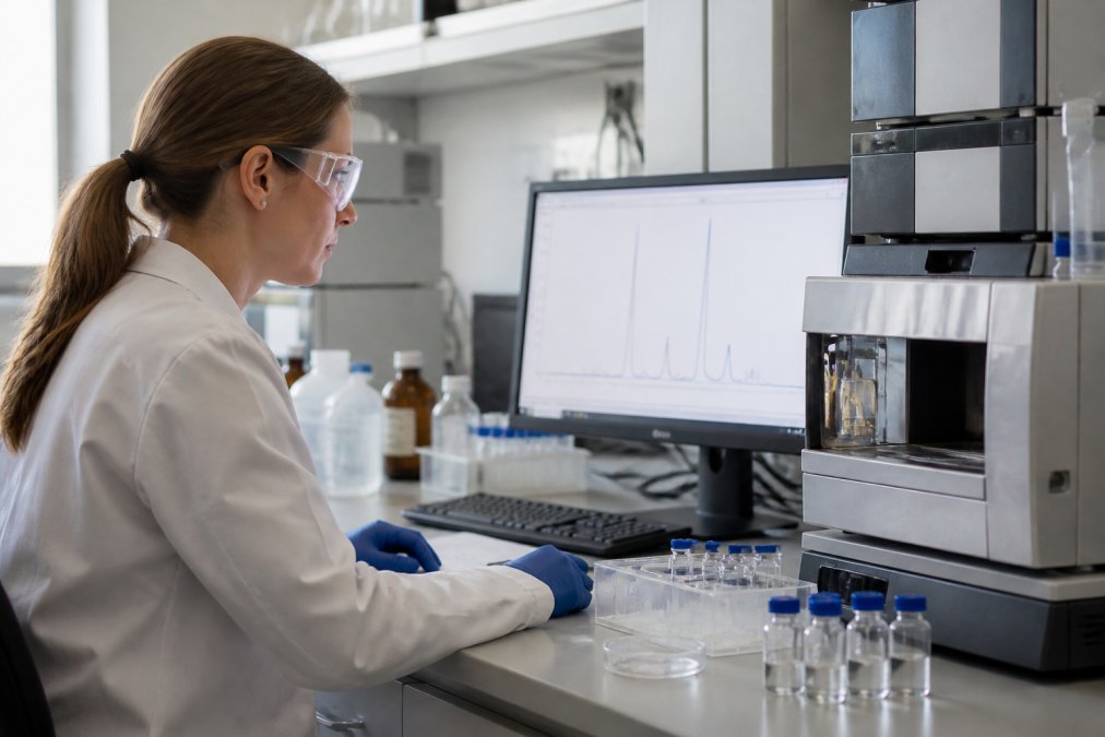 Research scientist examining HPLC chromatogram data on a computer monitor in a modern biochemistry laboratory, with analytical equipment and peptide sample vials visible on the bench