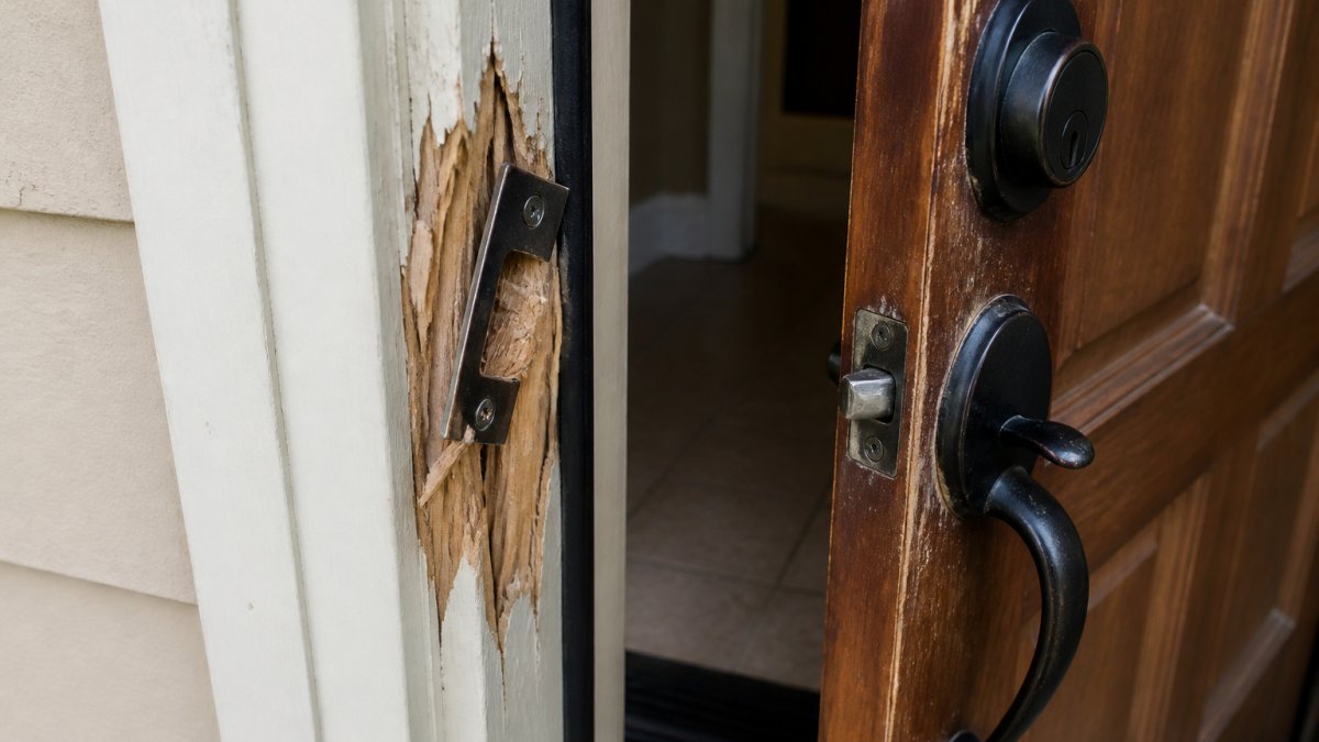 Diagram illustrating common residential door frame and strike plate failure points after forced entry