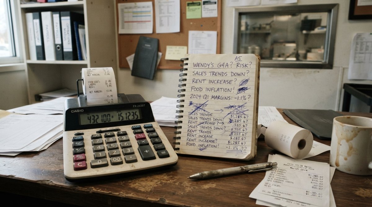 Restaurant manager reviewing financial reports and operating cost spreadsheets at desk with calculator and notepad, natural office lighting
