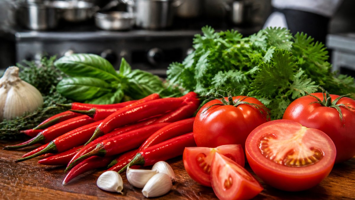 Fresh chili peppers, tomatoes, and aromatic herbs arranged on a wooden cutting board in a professional kitchen