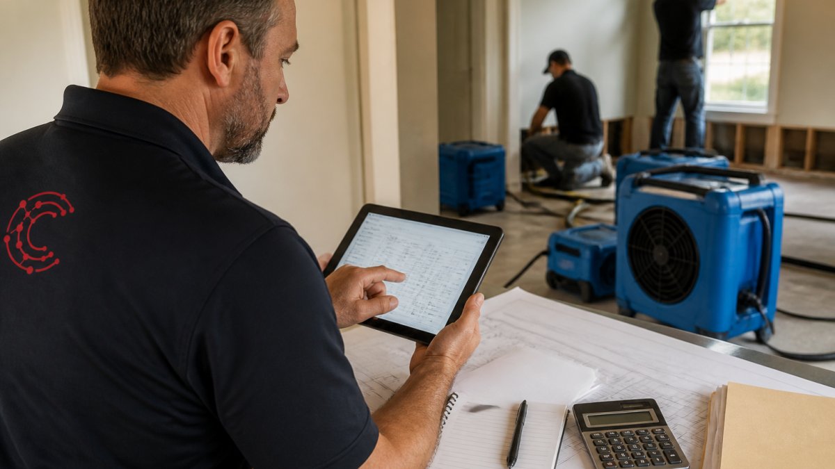 Project manager using a tablet to track job costs while crew installs drying equipment on a restoration site.