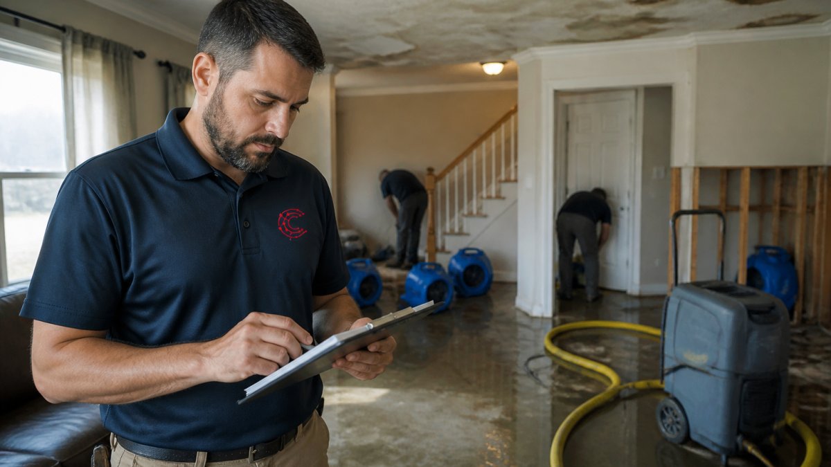 Restoration crew leader reviewing project schedules and job assignments on a tablet while standing in front of a property damage site with water damage visible