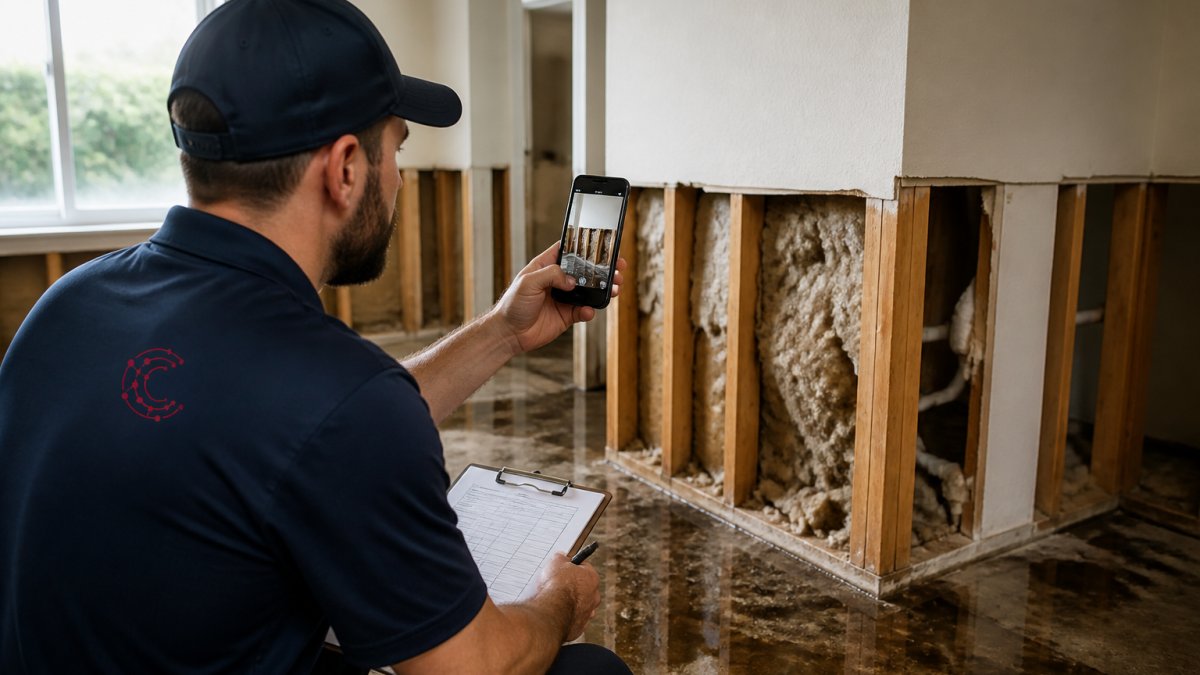 Restoration contractor on-site documenting water damage with smartphone camera and clipboard, capturing close-up photos of structural damage and wet materials with natural daylight