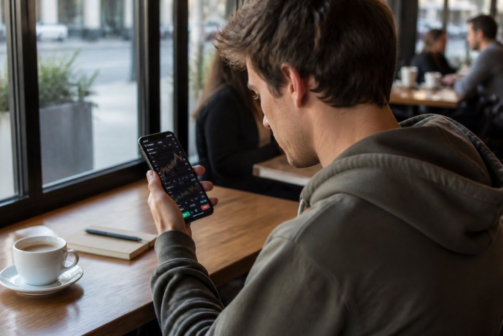 A close-up of a smartphone screen displaying a colorful stock trading application with several line graphs and a 'Buy' button, held by a young adult in a coffee shop during the daytime