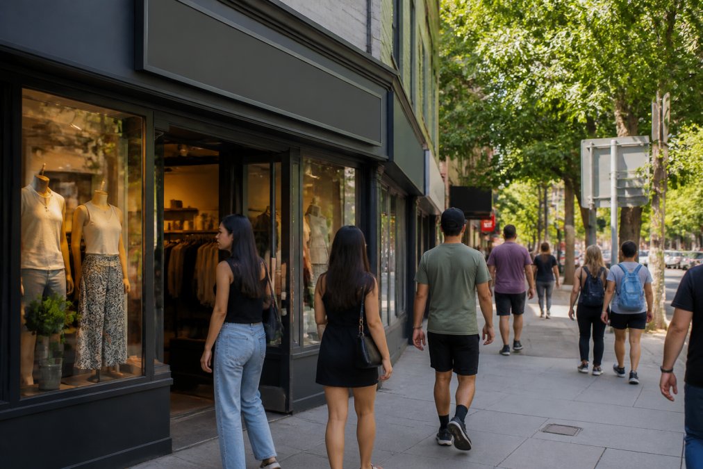 Pedestrians on a busy city sidewalk noticing a retail store with clear signage that improves storefront visibility