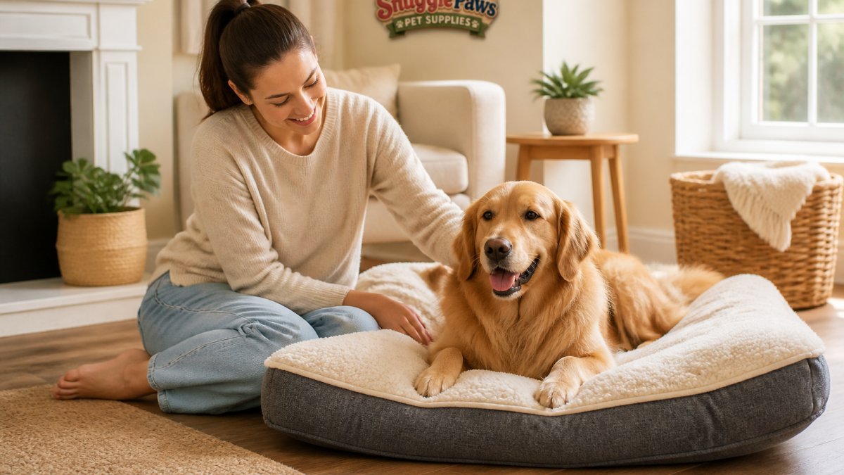 Pet owner sitting on floor with their dog resting on a comfortable plush pet bed, both looking relaxed and content in a bright home setting