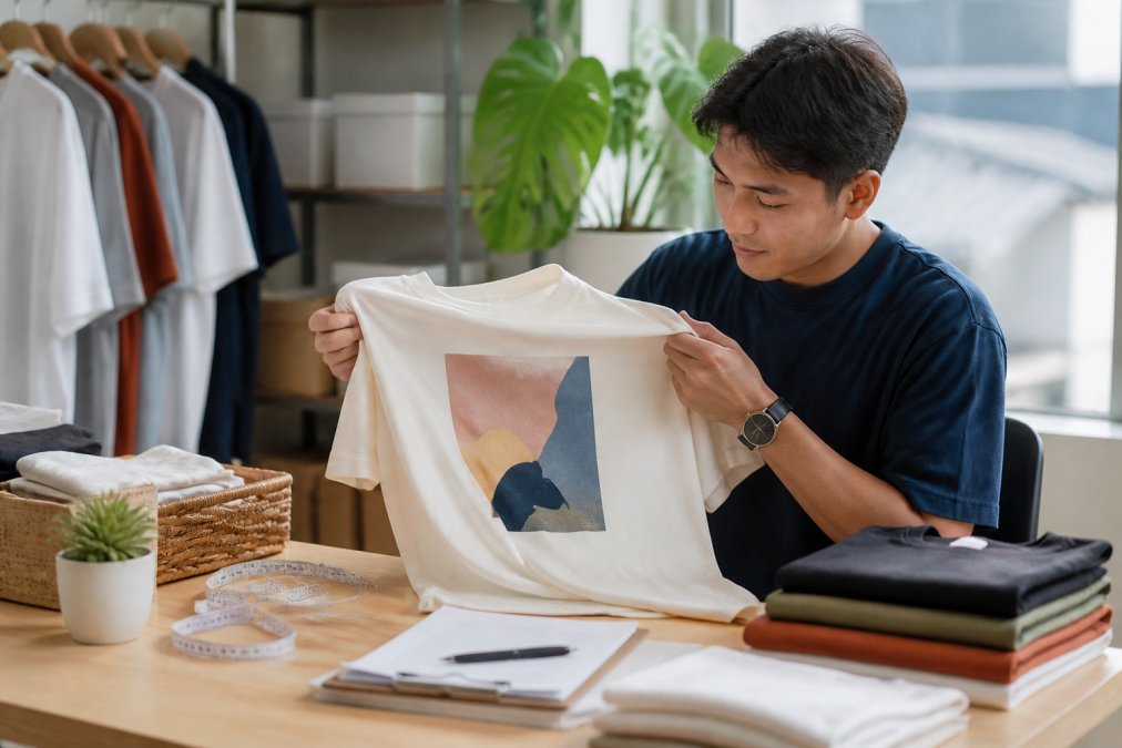 Person holding a freshly laundered soft ring-spun cotton graphic tee, examining the fabric quality and print durability with natural daylight