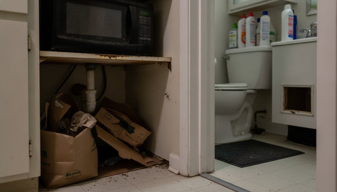 Close-up of apartment kitchen cabinet baseboards and under-sink plumbing areas where cockroaches hide during winter months, showing gaps between pipes and cabinet edges