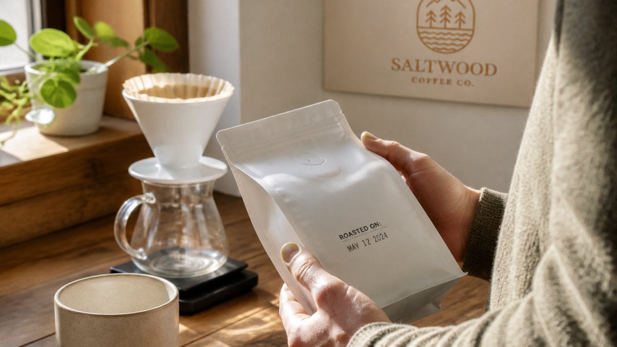 Hands holding a coffee bag with a printed roast date near a pour-over dripper on a wooden kitchen counter
