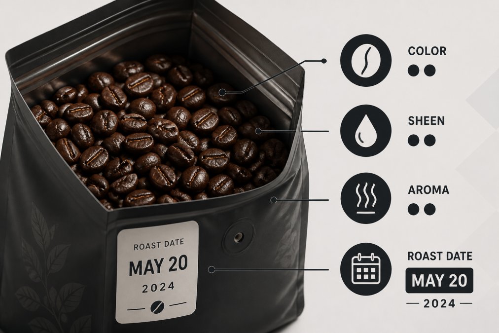 Close-up of freshly roasted coffee beans in an opened bag showing rich dark brown color with visible sheen and a printed roast date label, natural lighting highlighting bean texture