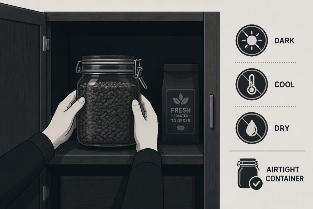 Hands placing an airtight glass container filled with whole coffee beans into a dark wooden cupboard, away from sunlight and heat sources, showing proper storage environment