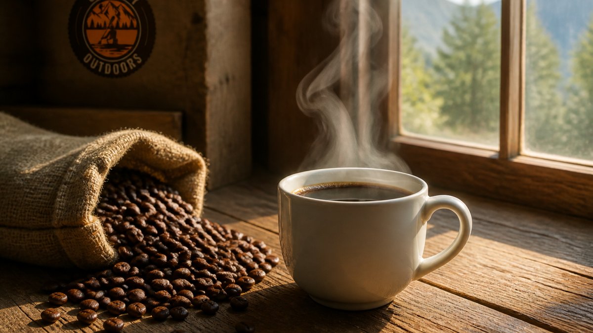 A steaming cup of black coffee on a rustic wooden table beside a bag of whole coffee beans, with soft morning light coming through a window