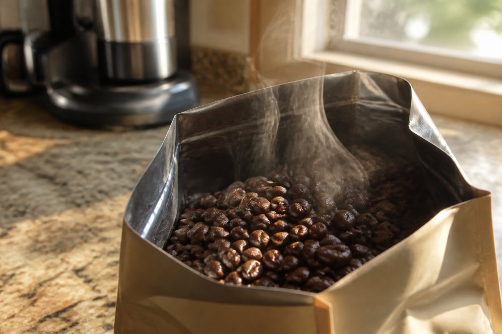 Freshly roasted to order coffee beans in an open bag releasing gas in warm morning light on a kitchen counter.