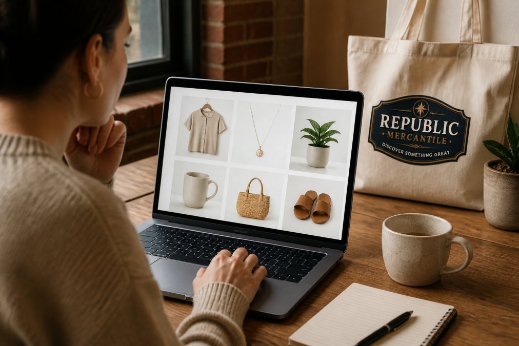 Customer browsing laptop displaying fresh product listings with newly arrived items highlighted, showing engagement and interest in discovering new merchandise