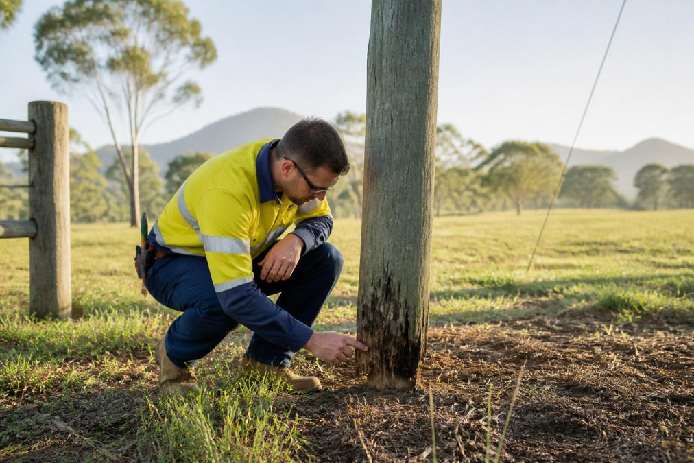 Electrician inspecting a weathered timber pole for power pole maintenance on a rural property.