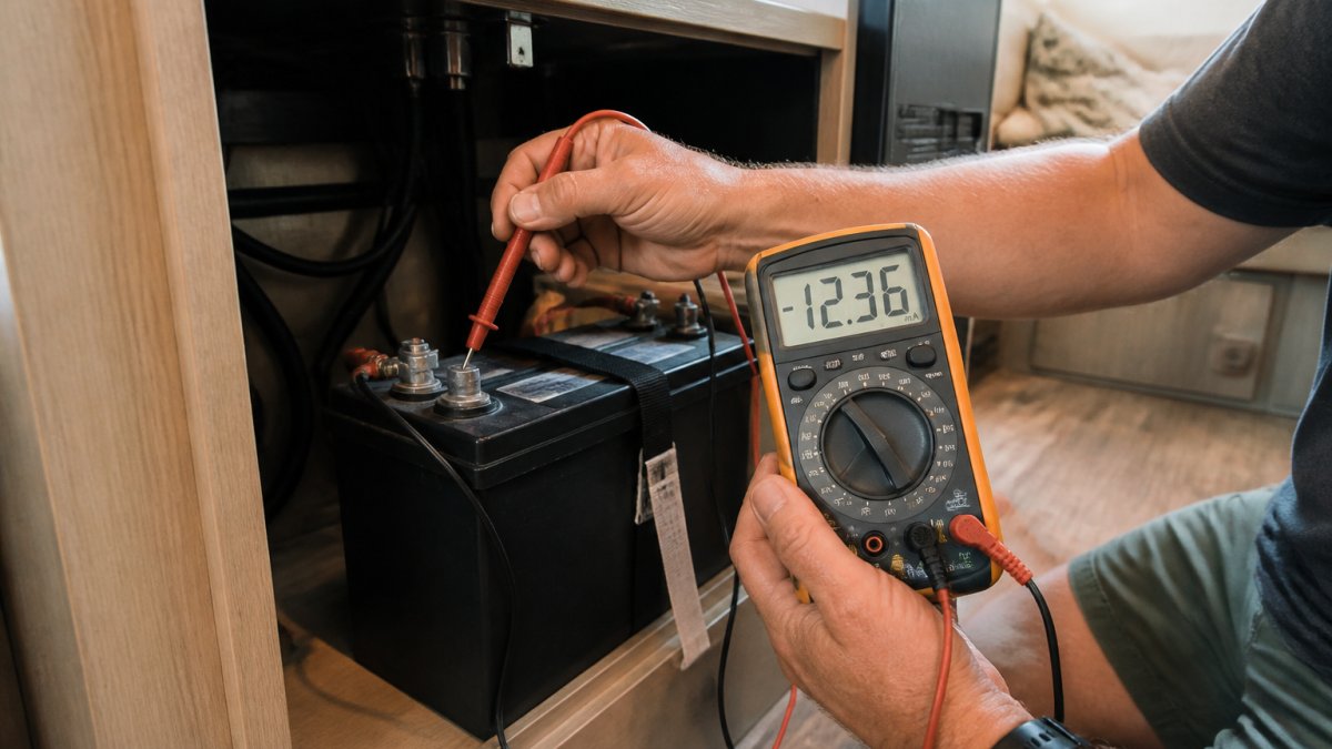 Close-up of technician's hands using a digital multimeter with red probe touching an RV battery negative terminal, multimeter display showing current measurement in milliamps, indoor RV interior lighting