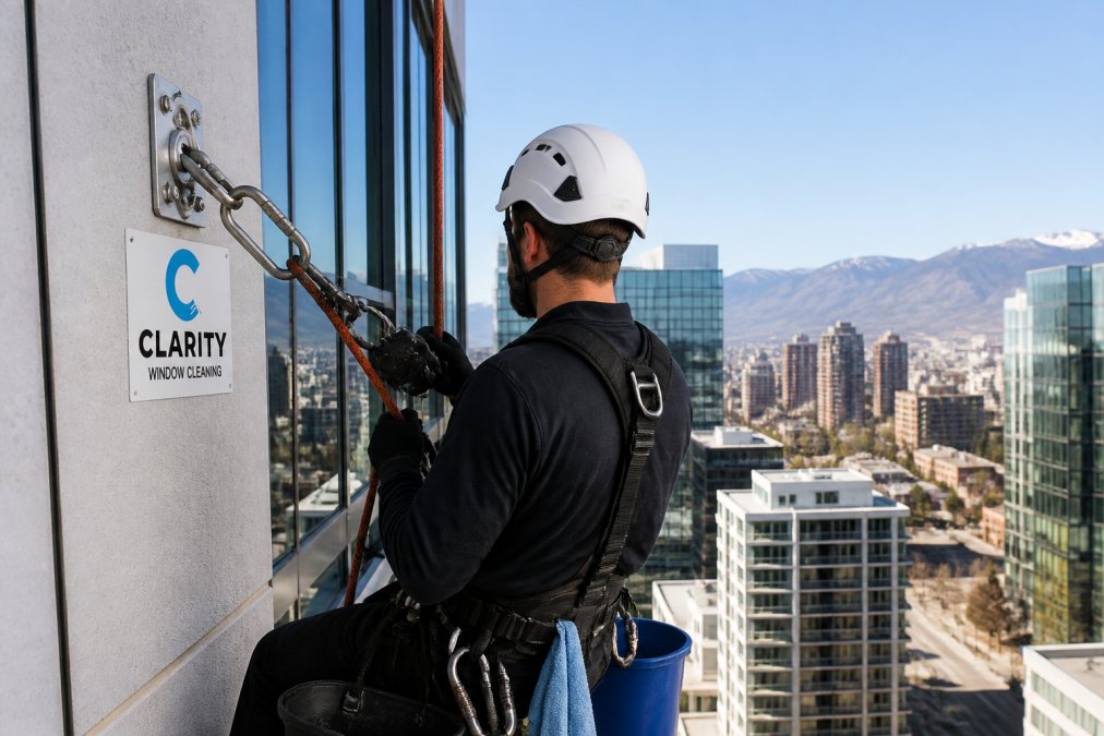 Professional window cleaner secured with safety harness and rope descent system working on high-rise building exterior, showing proper anchor points, carabiners, and equipment setup with city skyline in background