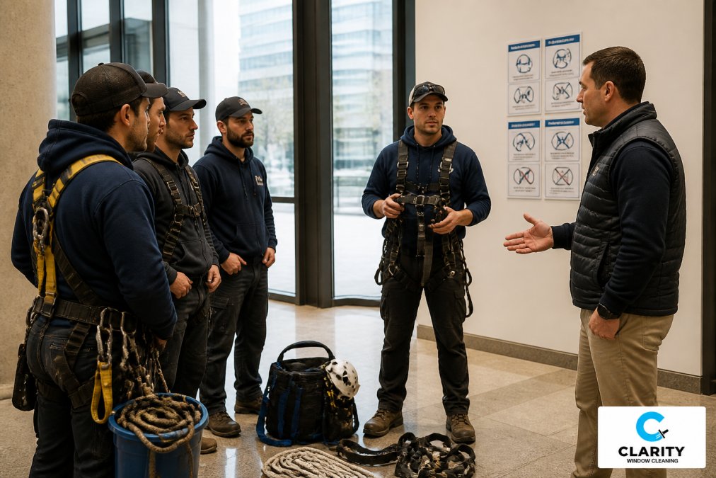 Facilities manager and window cleaning team conducting pre-shift safety briefing and equipment inspection in commercial building lobby with safety posters visible on walls, team members reviewing harnesses and ropes