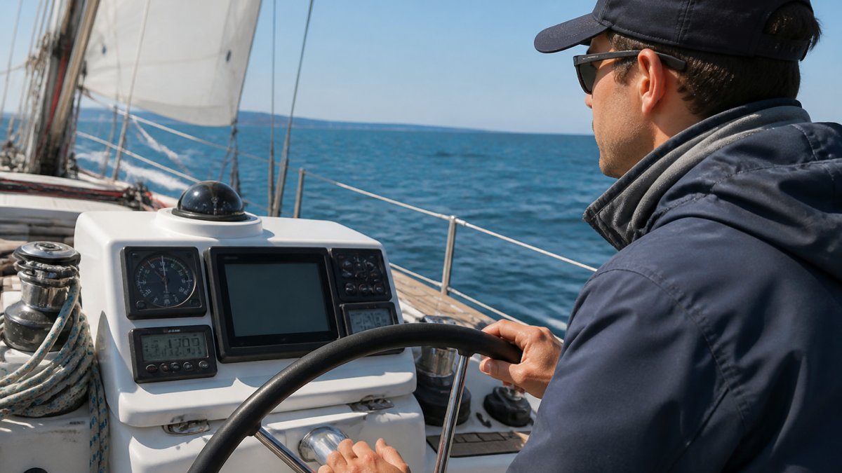 A sailor at the helm of a sailboat reviewing instrument readings on a multifunction display, with open water and rigging visible in the background on a clear day