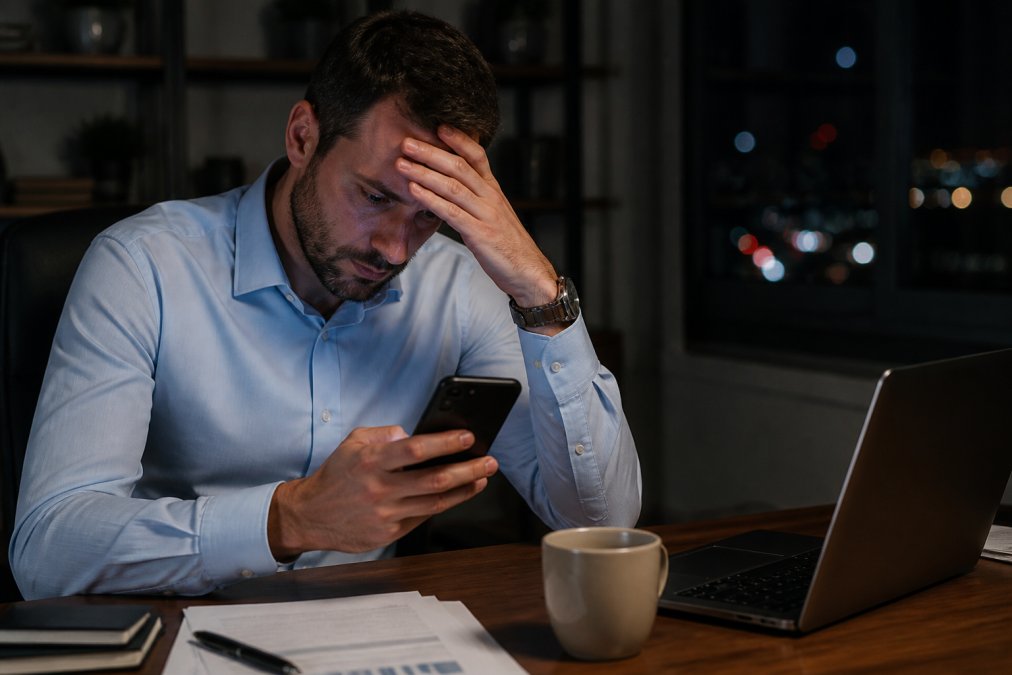 A sales manager in a dimly lit office checking a smartphone showing missed calls and unread messages late in the evening, a laptop and coffee cup on the desk