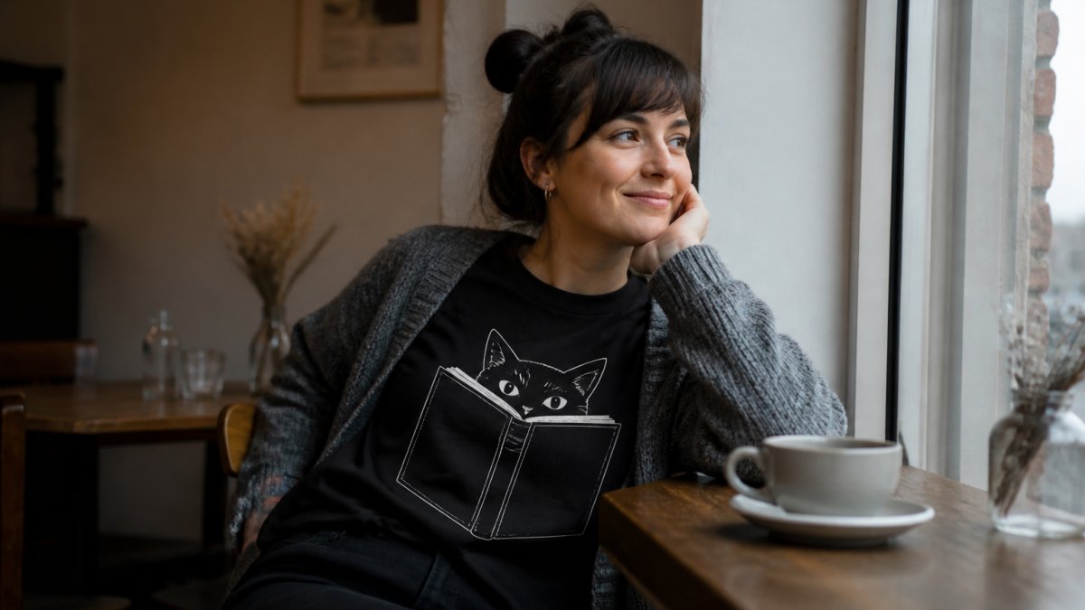 Person relaxed in a café wearing a sarcastic graphic t-shirt with a knowing smile, natural window lighting highlighting quiet confidence and individuality