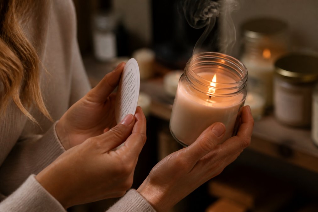 Close-up of hands examining a scented candle jar with visible label, warm lighting showing the candle burning with a clear flame and wisps of fragrant smoke rising