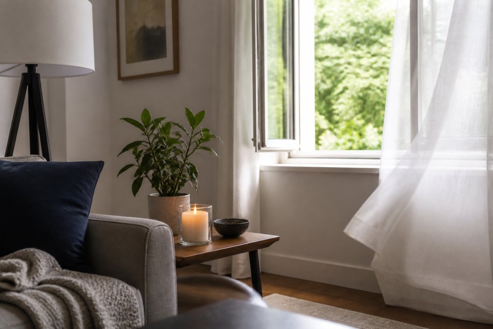 Modern living room with a lit candle on a side table, window open with curtains gently moving from fresh air circulation, natural daylight streaming in