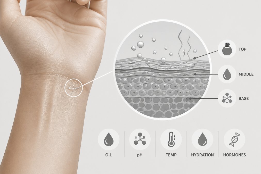 Close-up of a person's wrist showing natural skin tone and texture with soft natural lighting, highlighting the delicate surface where fragrance interacts with skin
