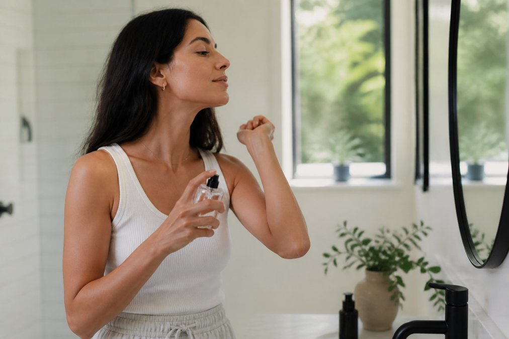 Person applying fragrance to pulse points on wrist and neck with a fragrance bottle, demonstrating proper application technique in a clean, minimalist bathroom setting with natural window lighting