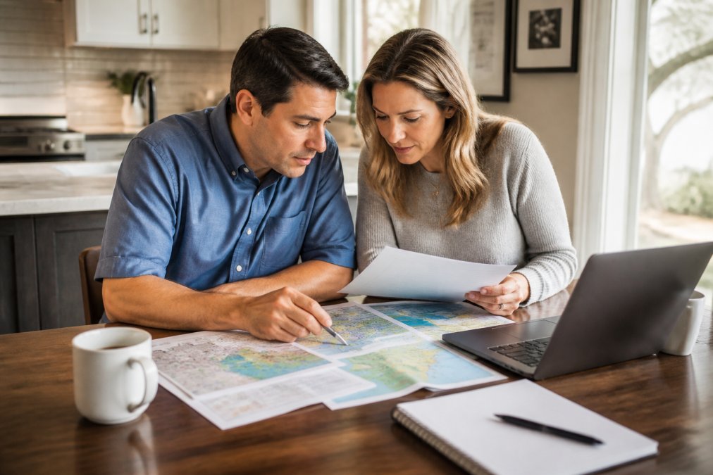 A couple reviewing school district boundary maps and paperwork at a kitchen table with a laptop open, coffee mugs nearby, warm natural light