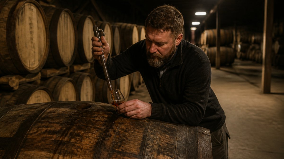A cask master in a dimly lit bonded warehouse, drawing a sample of amber spirit from an oak barrel with a valinch, surrounded by rows of ex-bourbon casks under soft overhead light