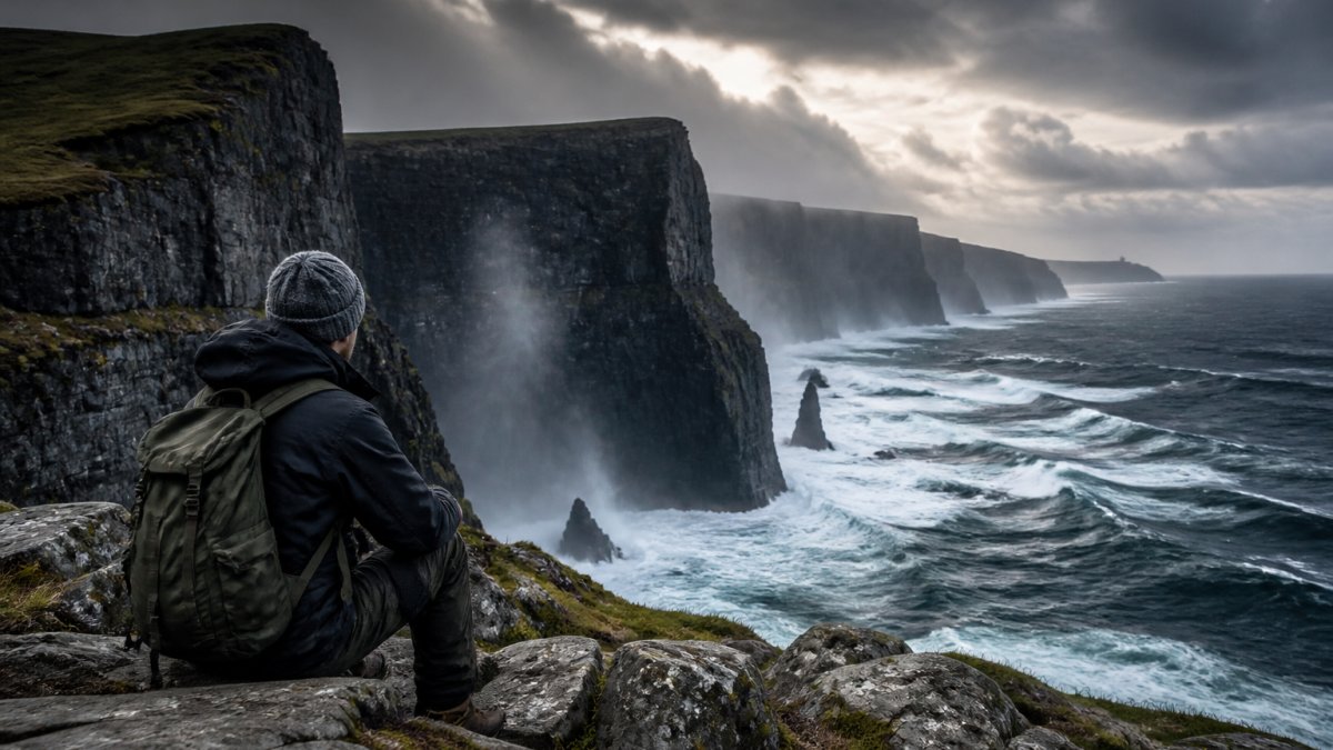 Dramatic rugged Scottish coastal cliffs with dark stone formations rising sharply from churning waves below, mist rolling across ancient rock faces under a brooding, stormy sky with breaks of pale light