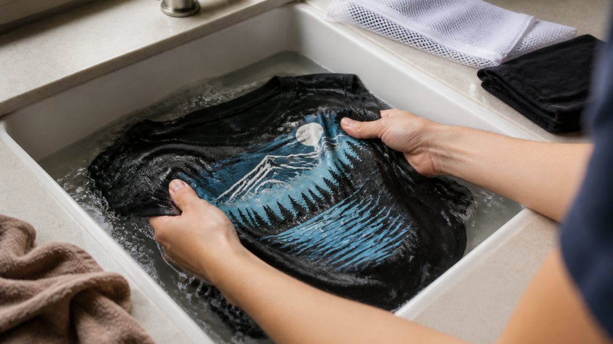 Hands gently washing a graphic t-shirt in cool water inside a sink, with the design clearly visible and a mesh laundry bag nearby, soft natural lighting from a window