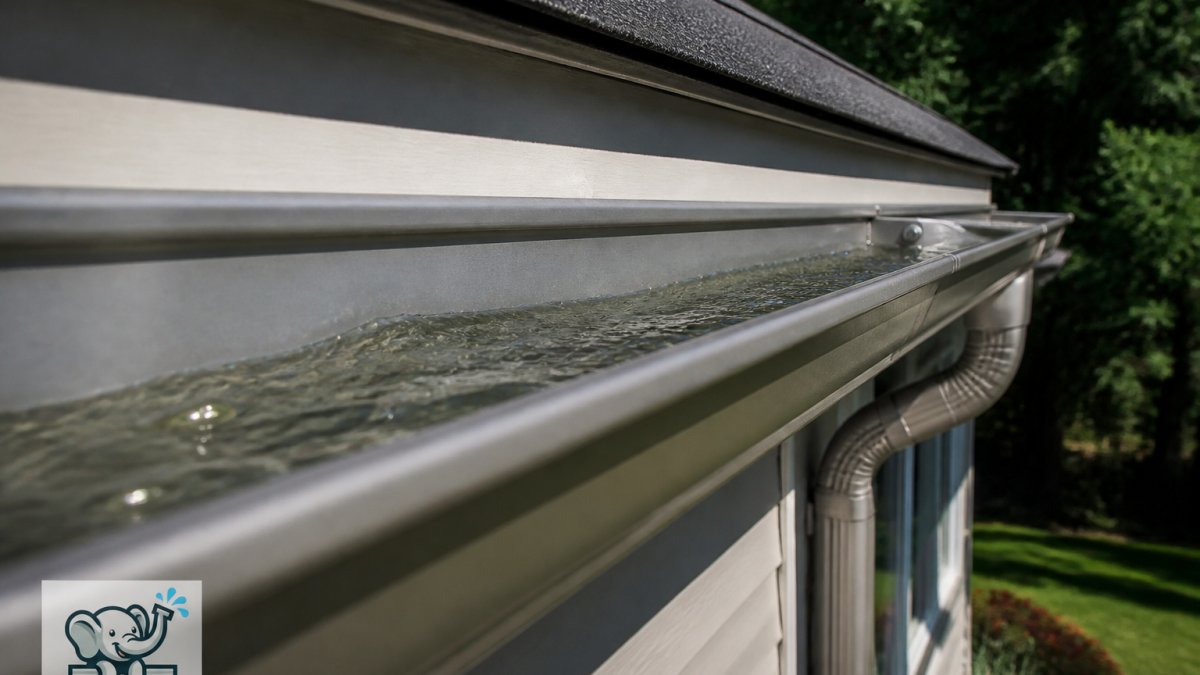 Close-up of a seamless aluminum gutter running along the fascia of a house, showing a smooth continuous run with no seams, water flowing toward a downspout on a sunny day
