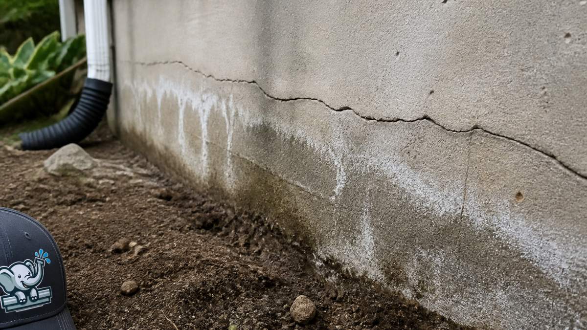 Close-up of foundation wall showing visible horizontal cracks, white efflorescence mineral deposits, and water stains near ground level in basement