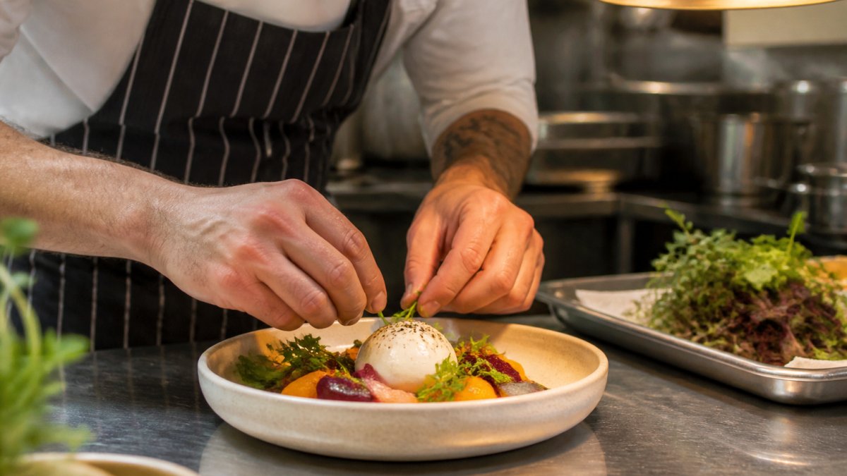 Close-up of a chef's hands plating a dish with fresh seasonal vegetables and herbs in a refined restaurant kitchen, warm overhead lighting, stainless steel counter