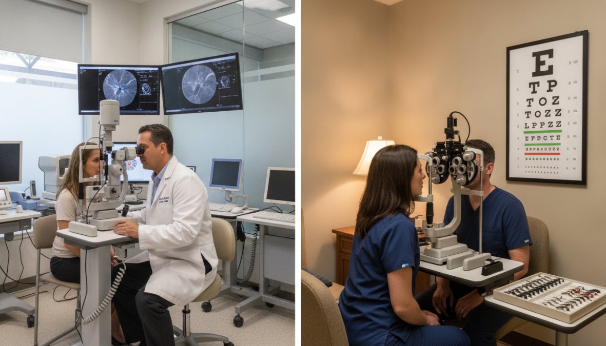 Ophthalmologist performing comprehensive dilated eye exam on patient using advanced diagnostic equipment in modern clinical setting with bright surgical lighting