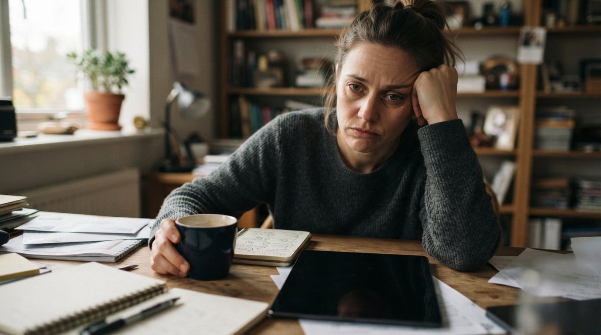 Person holding smartphone with disappointed expression showing mental health app interface, sitting at home with coffee and journal, natural window lighting
