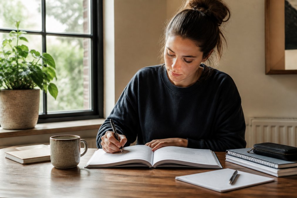 Person sitting at desk with open workbook, pen in hand, writing thoughtfully with coffee cup and notebook nearby, natural window lighting