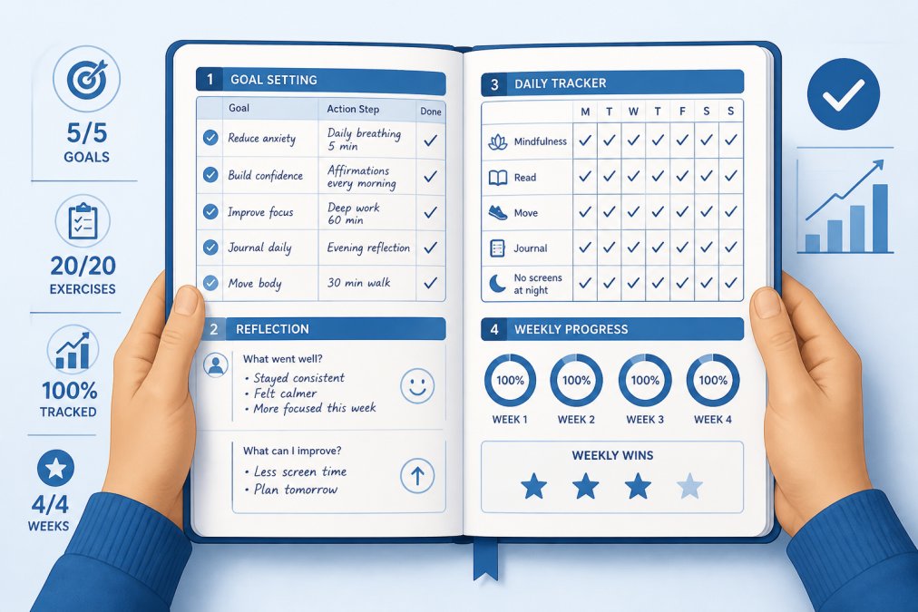 Close-up of hands holding completed workbook with written reflections, checkmarks, and filled exercises visible, showing documented progress