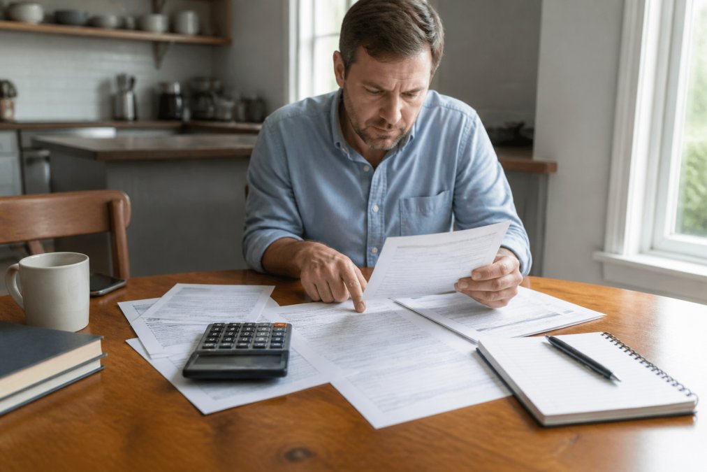 Homeowner sitting at desk with mortgage documents, calculator, and notepad, focused on reviewing paperwork in natural home lighting