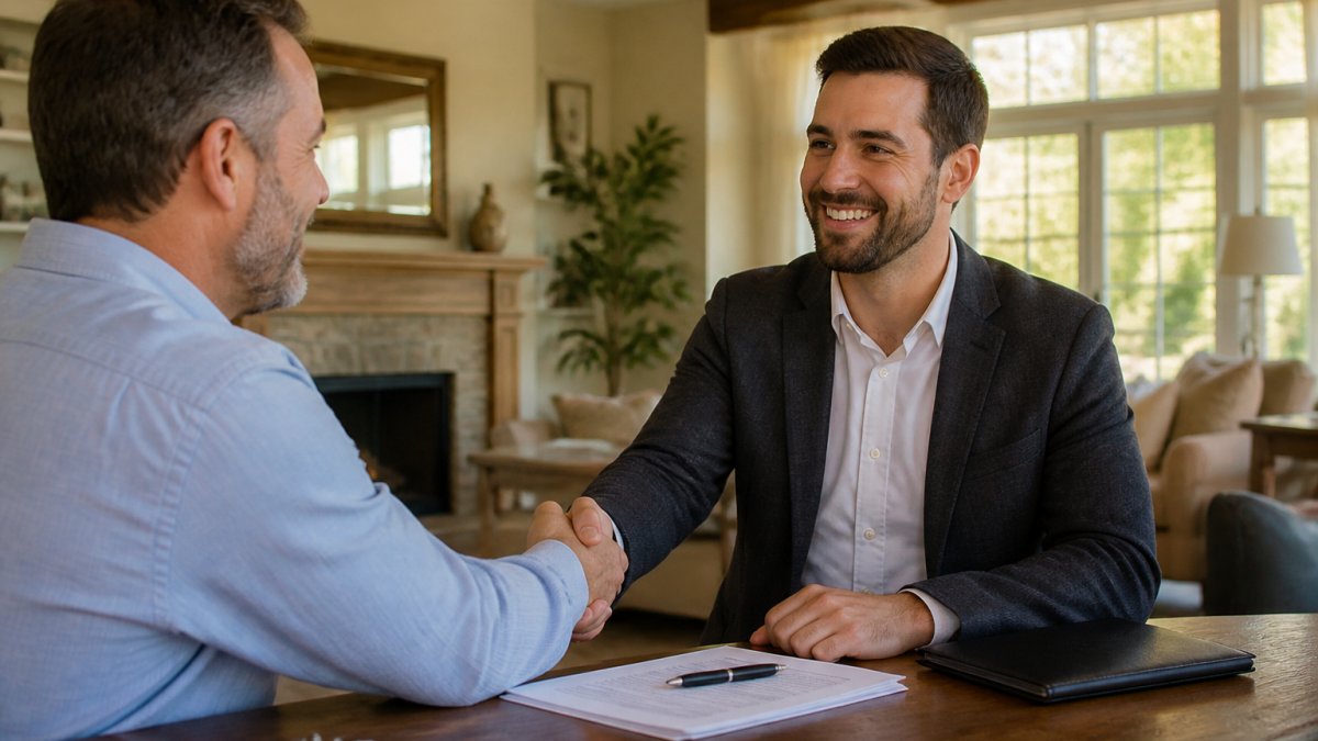 Homeowner shaking hands with a real estate professional in a warm home setting, both smiling with genuine confidence and trust, natural afternoon light streaming through windows