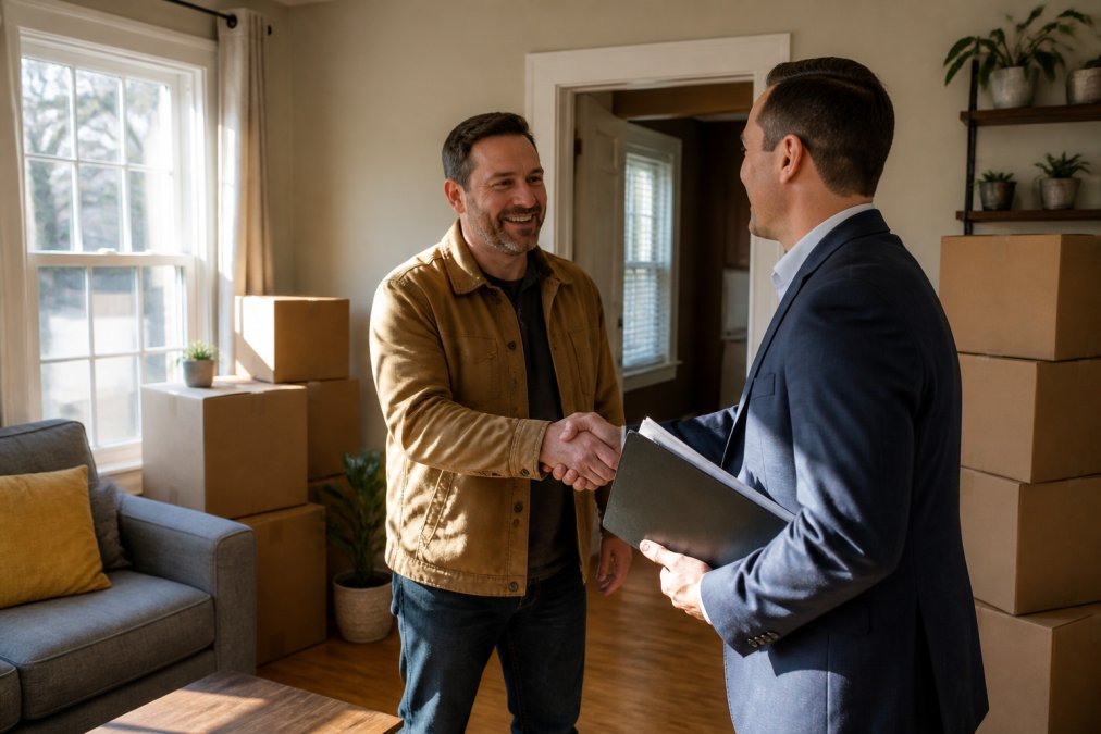 Homeowner shaking hands with real estate professional in living room with moving boxes stacked against walls and afternoon sunlight streaming through windows, representing the closing moment of a cash sale