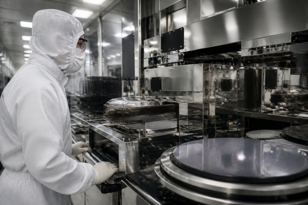 Semiconductor fabrication technician monitoring wafer inspection equipment in a cleanroom environment, wearing full protective gear and observing real-time defect data on a display screen
