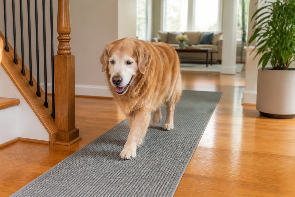 Senior golden retriever walking confidently across hardwood floor with a non-slip rug runner visible, showing the dog's relaxed posture and ease of movement with natural home lighting