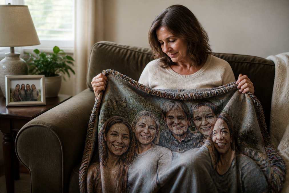 A middle-aged parent sitting on a cozy couch, holding a personalized woven blanket with a heartfelt message, soft afternoon light coming through a window, a framed family photo on the side table, warm and reflective atmosphere