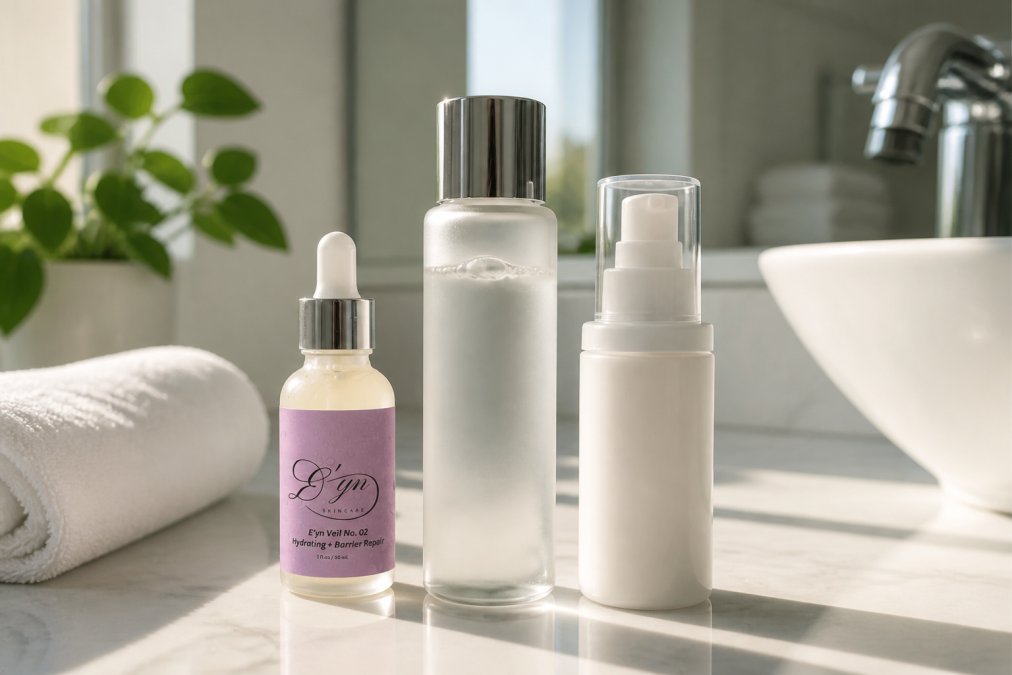 Organized skincare products arranged in order of application on a clean bathroom counter, showing lightweight serum, hydrating toner, and mattifying moisturizer bottles in natural morning light