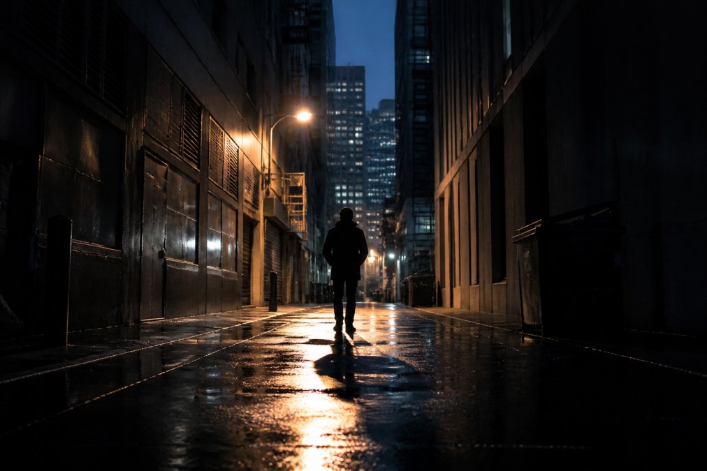Solitary figure standing in a rain-soaked urban alley at dusk, towering buildings creating deep shadows overhead, dim streetlight casting long shadows across wet pavement, moody and claustrophobic atmosphere