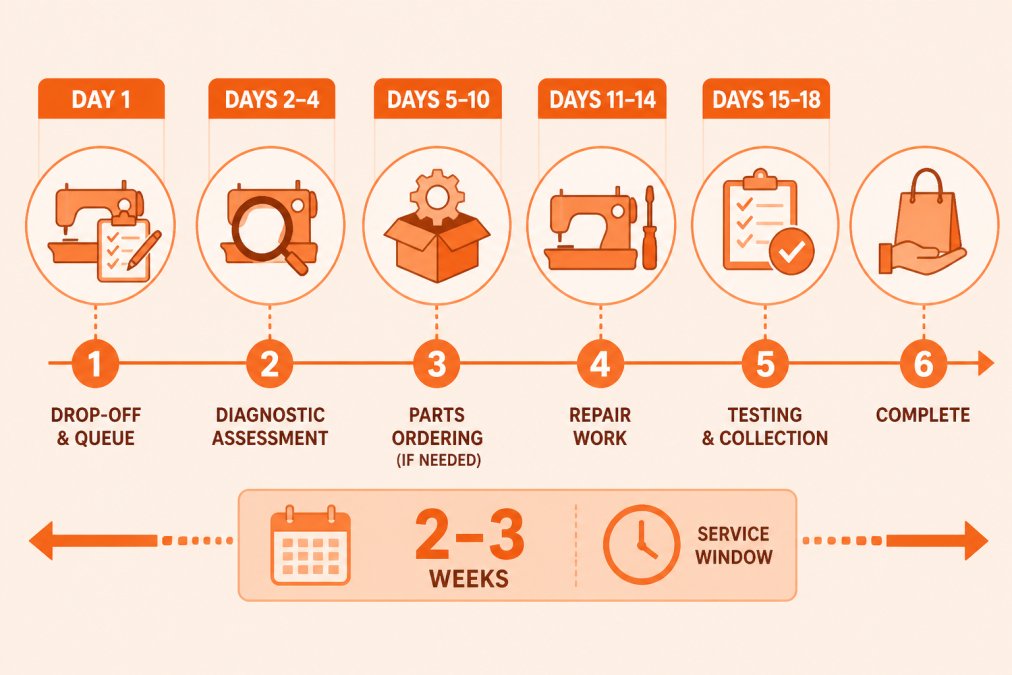 Timeline showing the repair journey: day 1 drop-off and queuing, days 2-4 diagnostic assessment, days 5-10 parts ordering if needed, days 11-14 repair work, days 15-18 testing and collection, matching a 2-3 week service window